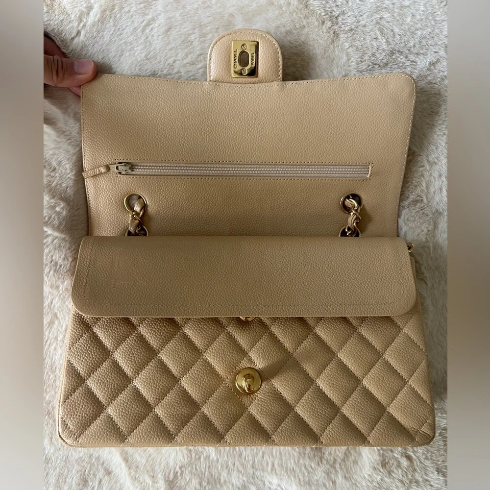 CHANEL Caviar Quilted Medium Double Flap Beige with golden hardware